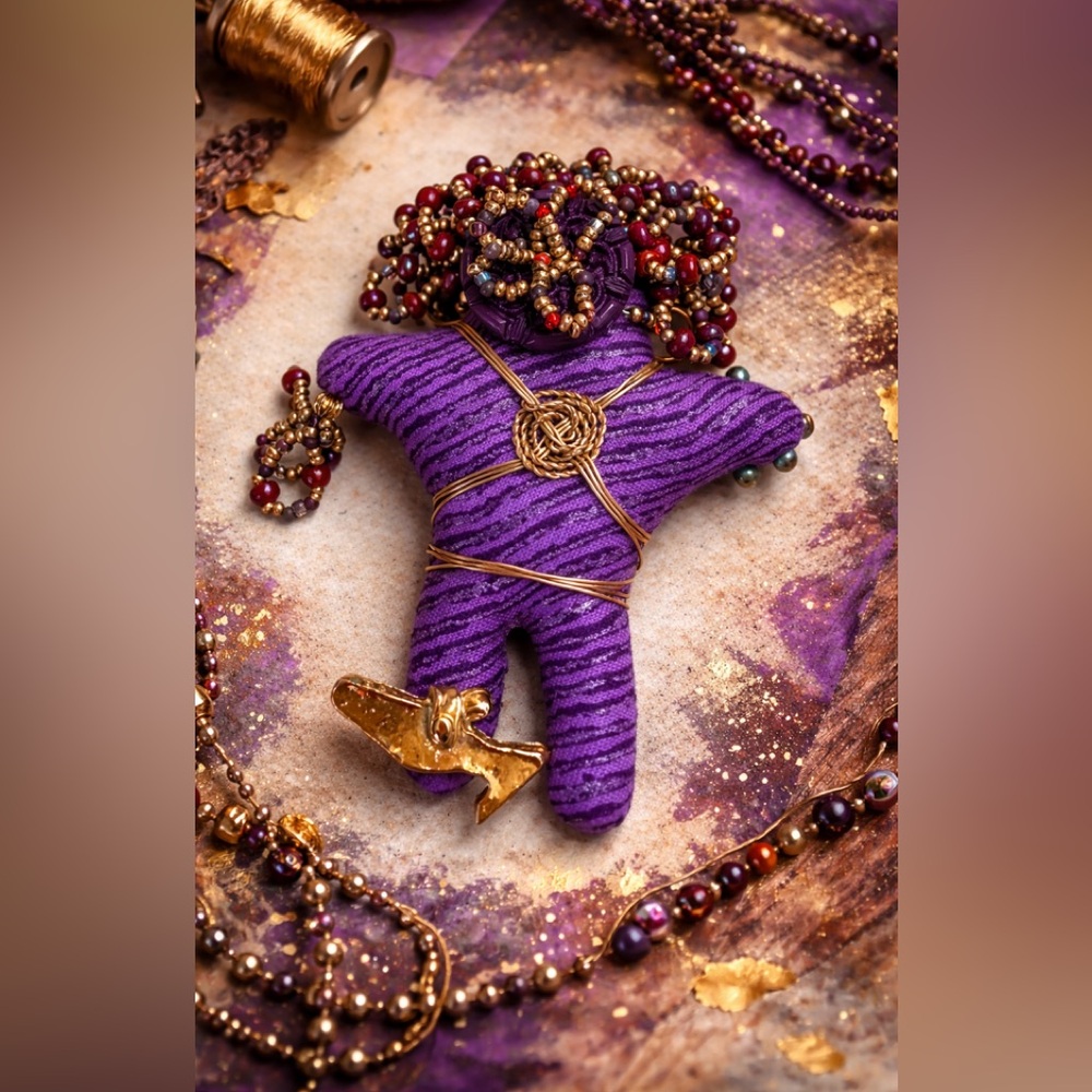 Handmade Art Doll Brooch Beaded Mixed Media Purple Gold Tone